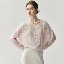 秋冬新款纯色女山羊绒针织衫V领镂空外套罩衫宽松显瘦百搭上衣