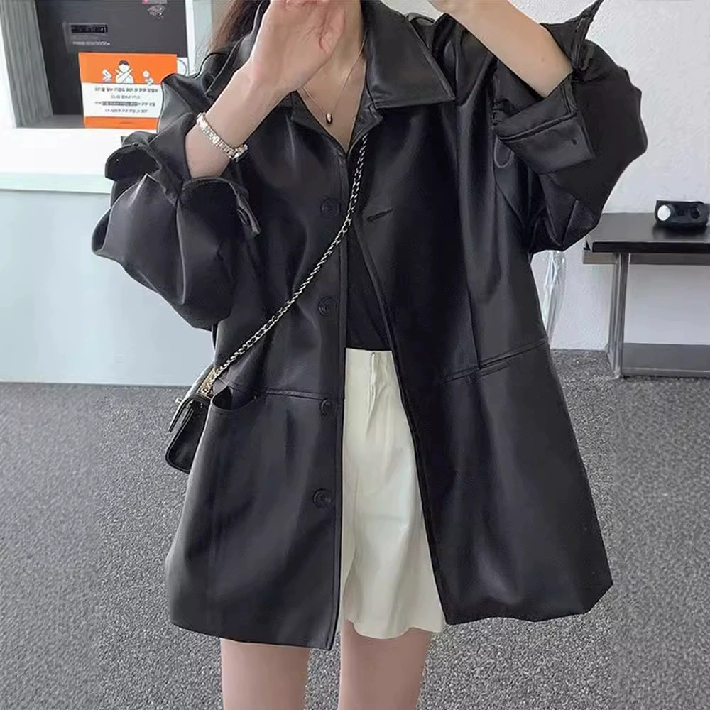 Корейская версия темпераментного тренда сладкий и крутой с лацканом мотоциклетной куртки женский осенний новый свободный дикий кожаный куртка кардиган топ