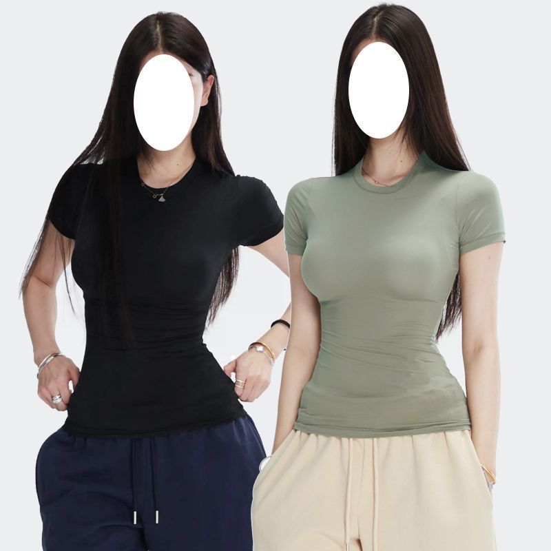 半袖春夏スリムフィット伸縮性右肩タイトピンクTシャツ半袖トップス女性用|undefined