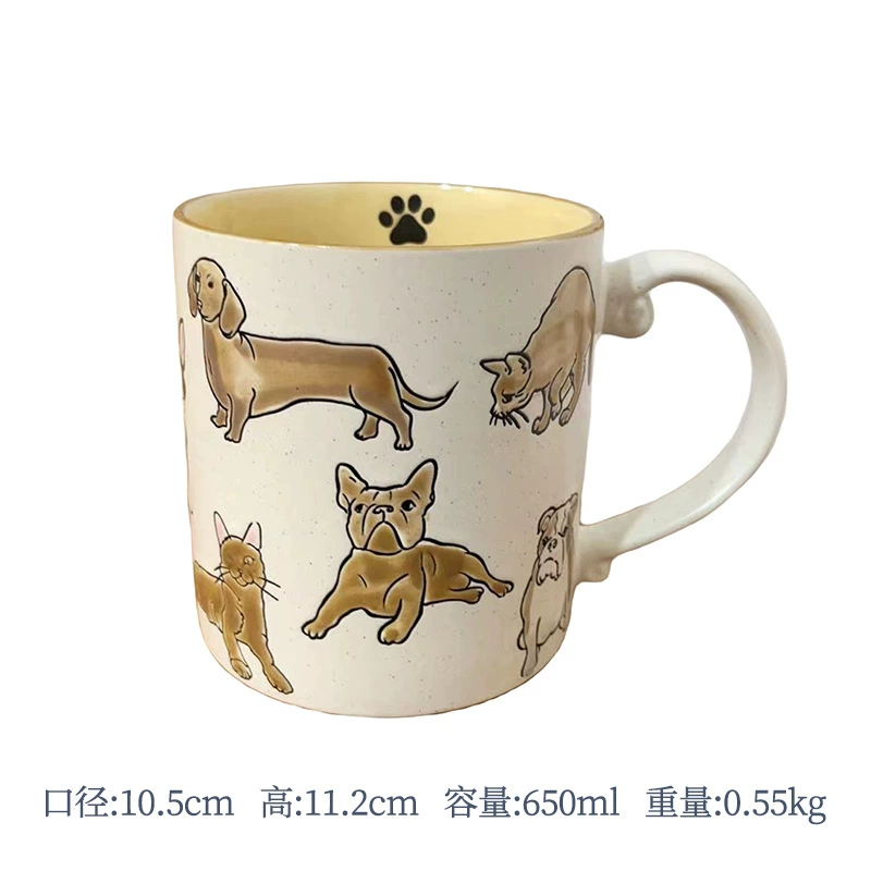 Ceramic mug hand-painted underglaze cat design, cute breakfast cup, microwave-safe