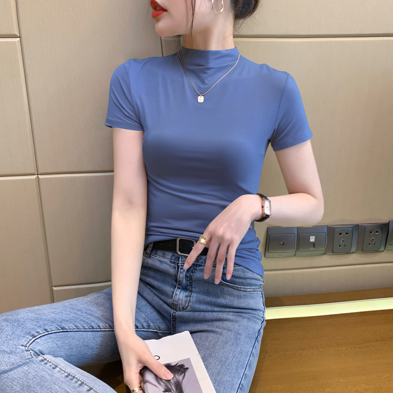 미스트 블루 하프 터틀넥 반소매