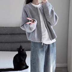 灰色短款针织开衫女2025春秋新款拉链外套小个子高级感毛衣上衣厚