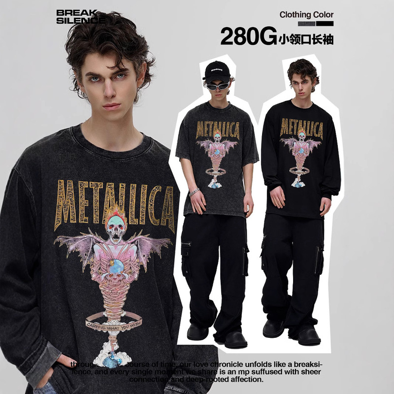 Metallica Washed Heavy Vintage Short-Sleeved T-Shirt Cross-Border Rock Band Men's and Women's Trendy Pure Cotton T-Shirt