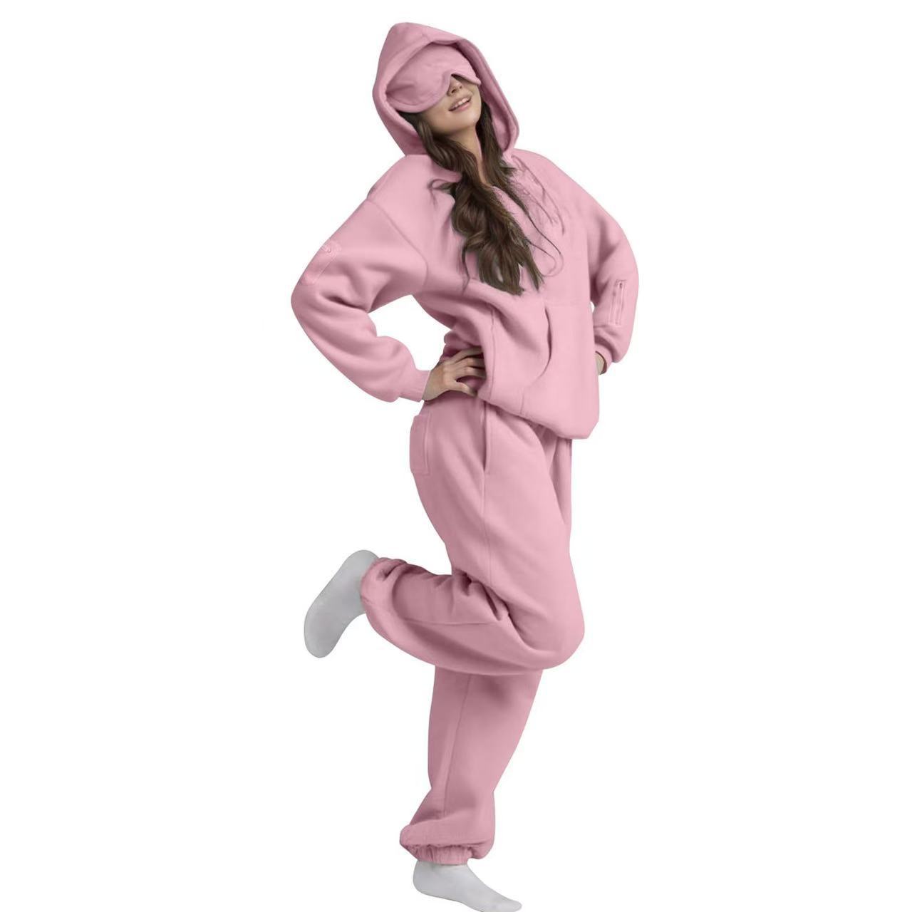 Cross-Border Independent Station Solid Color Sweatshirt for Women European and American Hooded Top with Eye Mask Long Pants Loose Plus Size Two-Piece Set for Women