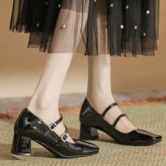 H978-52銀色瑪麗珍女鞋雙一字帶5CM粗跟鑽扣飾漆皮一腳蹬女鞋新款