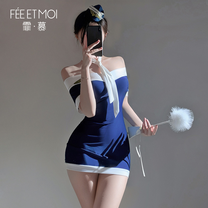 Fei Mu puro y romántico traje de azafata uniforme tentación sexy puro bolso sin hombros falda de cadera lencería sexy 7048