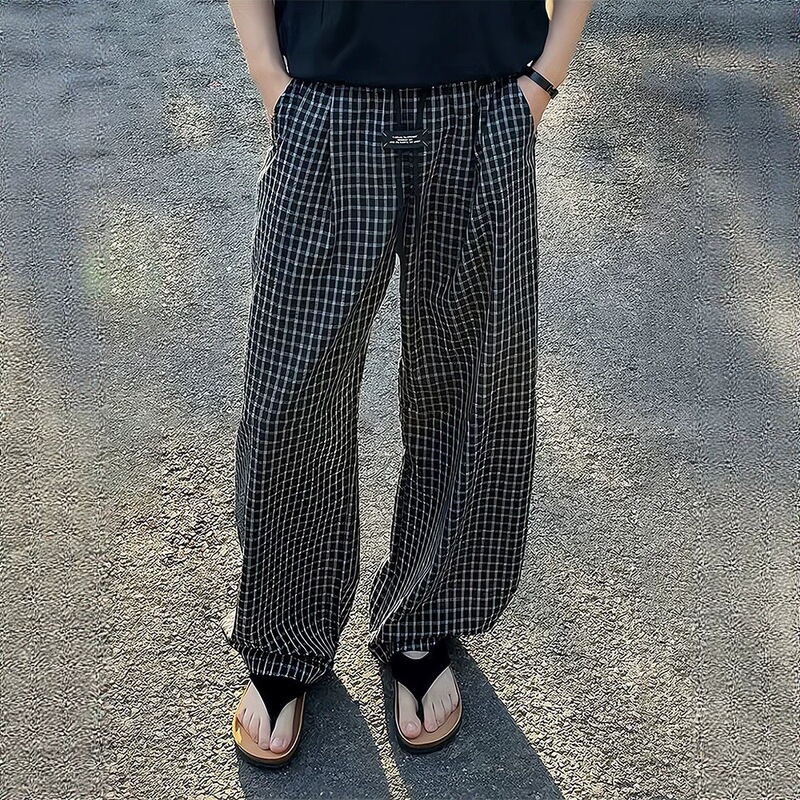 Black Seersucker Quick-Dry Plaid Pants for Men, Summer Thin Trendy Versatile Wide-Leg Pants, Loose Straight Casual Pants Black Seersucker Quick-Dry Plaid Pants for Men, Summer Thin Trendy Versatile Wide-Leg Pants, Loose Straight Casual Pants