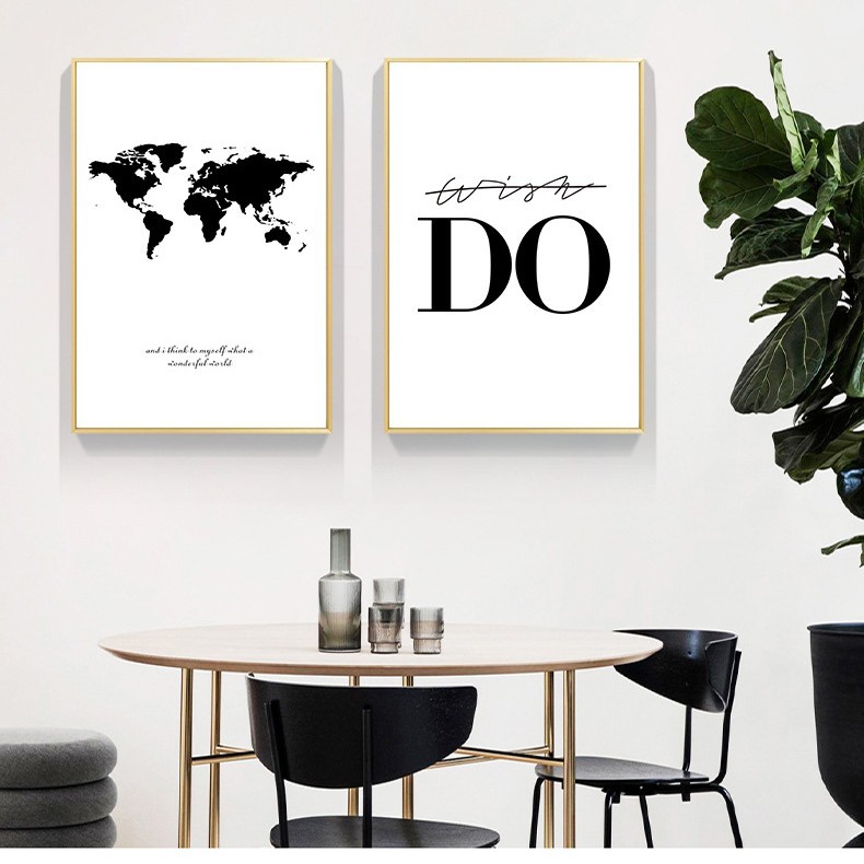 北欧现代简约风格手绘黑白世界地球字母两联装饰画图片画芯海报画