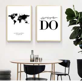 北欧现代简约风格手绘黑白世界地球字母两联装饰画图片画芯海报画