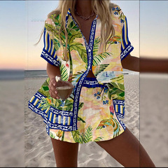 2025 春夏アマゾンヨーロッパとアメリカのクロスボーダーファッション婦人服プリントルーズショーツ半袖シャツ POD カスタマイズ