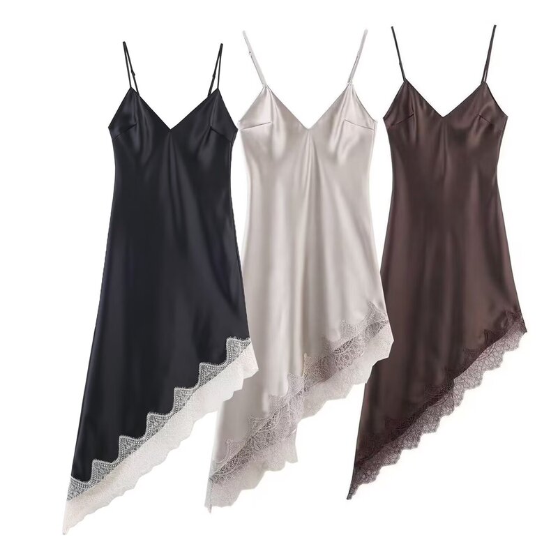 Wholesale 2026 Spring New European and American Style Women's Lace Detail Silk Satin Texture Spaghetti Strap Dress 11871m