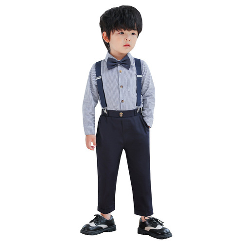 Cross-border belt suit set summer boys' suit striped short-sleeved shirt performance children's dress for young children foreign trade