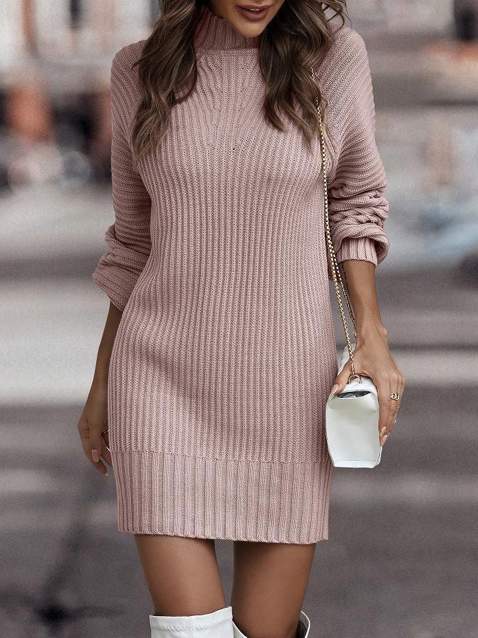 Suéter Vestido de Cuello Alto para Mujer, Manga Larga de Color Sólido - Ropa de Otoño e Invierno Transfronteriza
