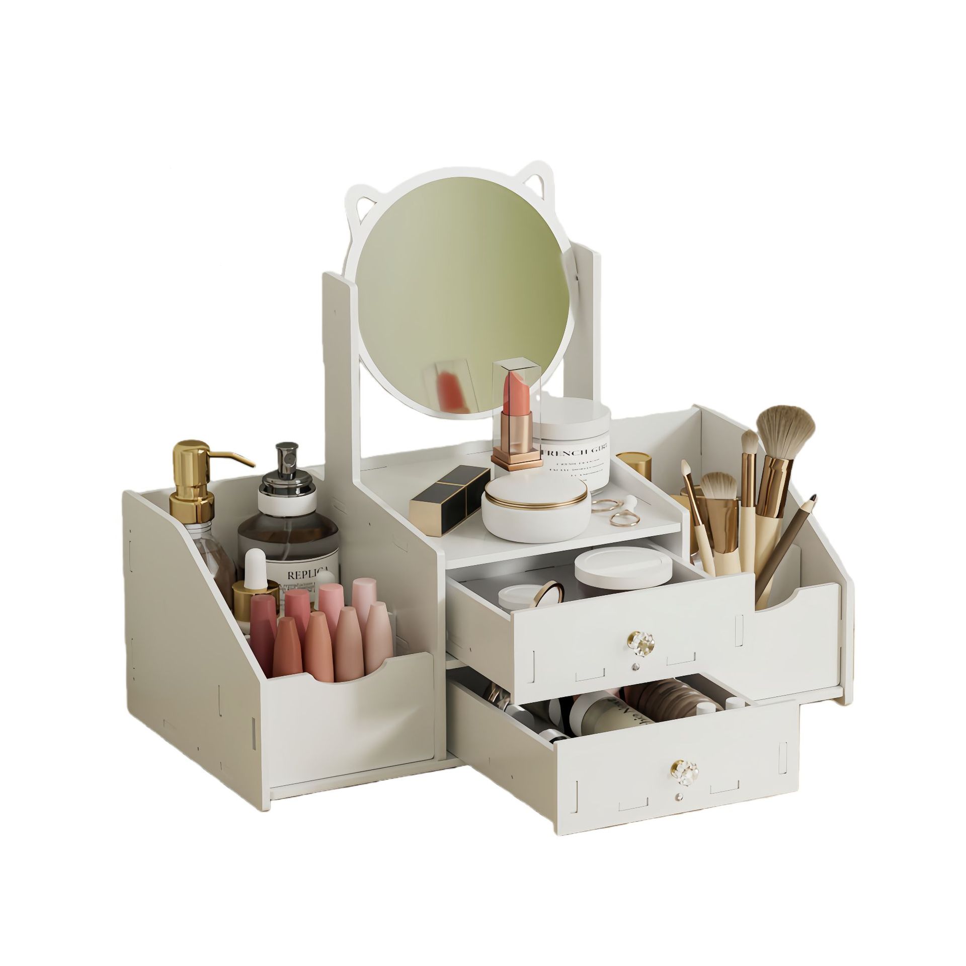 Espejo de maquillaje giratorio espejo de maquillaje con lámpara pequeño espejo dormitorio caja de almacenamiento para productos de cuidado de la piel cajón de carga espejo de escritorio