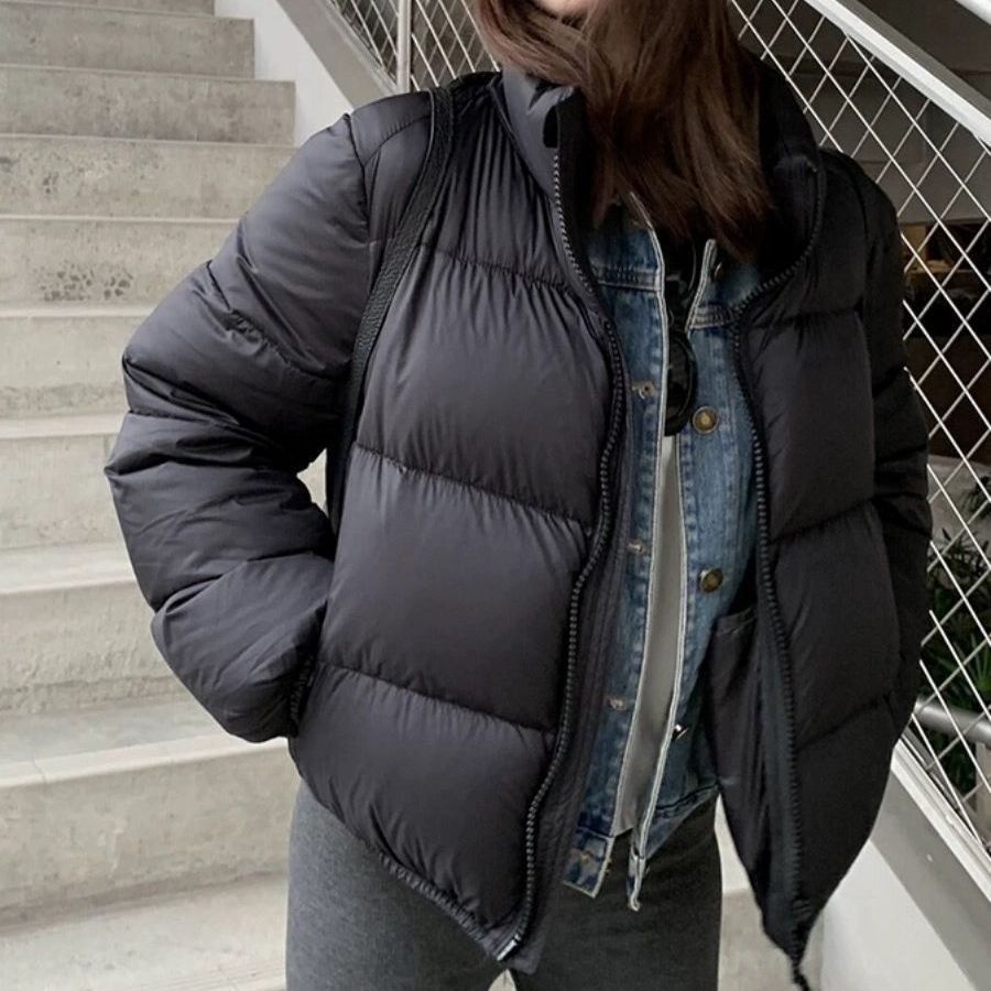 Women's Coffee Brown Puffer Down Coat Stand Collar Short Fit_voghion.com