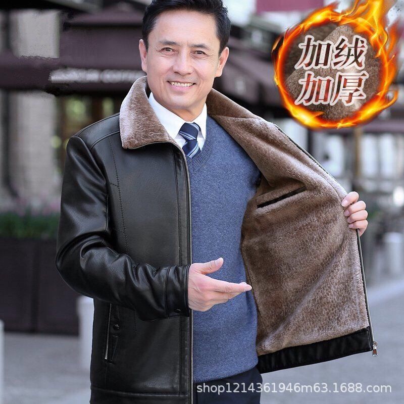 2025 Winter Clearance Middle-Aged Men's Leather Jacket Fur Integrated Men's Coat Autumn and Winter Fleece Lined Thickened Dad's Outfit