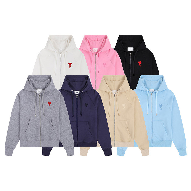Ami Clams Sweatshirt with Small Heart Pocket Zipper Embroidery Hooded Jacket Ami Zipper Sweatshirt Trending