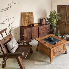 侘寂风老榆木围炉桌便捷烧烤火锅桌椅禅意阳台煮茶桌餐桌火锅桌