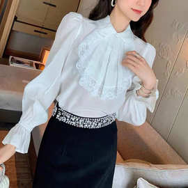 福利款不退不换曼莎花影蕾丝拼接娃娃领衬衫小众减龄小香风衬衣