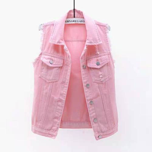 Women's Short-Sleeve Colorful Denim Vest, Spring and Summer, Fitted and Slimming, Fringe, No Sleeve, Hole Open Vest, Plus Size