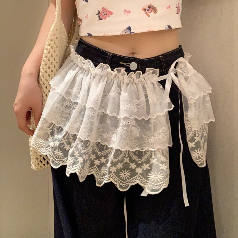 韩系叠穿白色芭蕾风蕾丝半身裙屁帘女春夏季绑带配牛仔裤遮臀短裙|undefined
