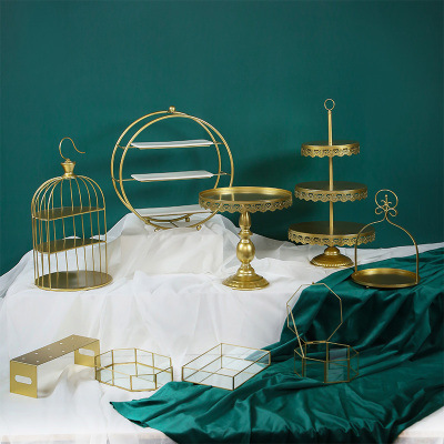 Tabla de postres de estilo europeo, estante de exhibición de bodas, banquete de bodas, estante de pastel, estante de té de la tarde, estante de golden snack set de 7 piezas