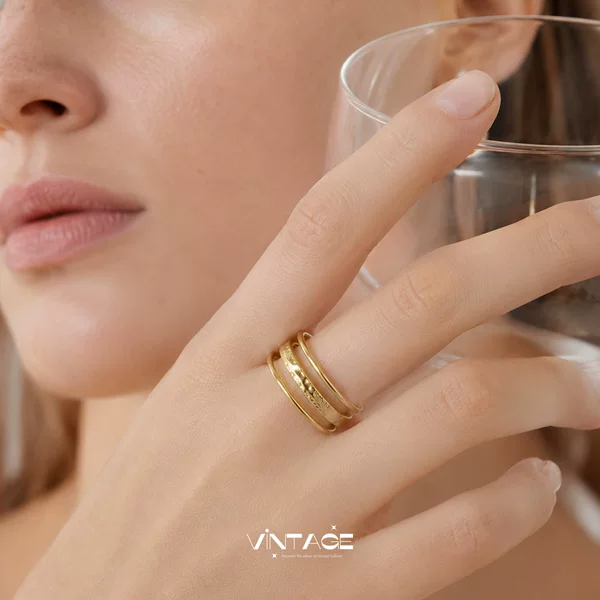 Cross-border light luxury copper-plated real gold geometric line hammered open ring, fashionable and versatile, color-retaining index finger ring for stacking