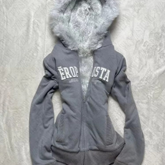Ancient Early Wool Collar Hooded Jacket y2k Trendy Wool Collar Jacket Women's Gourmet Hip Hop Rock Style