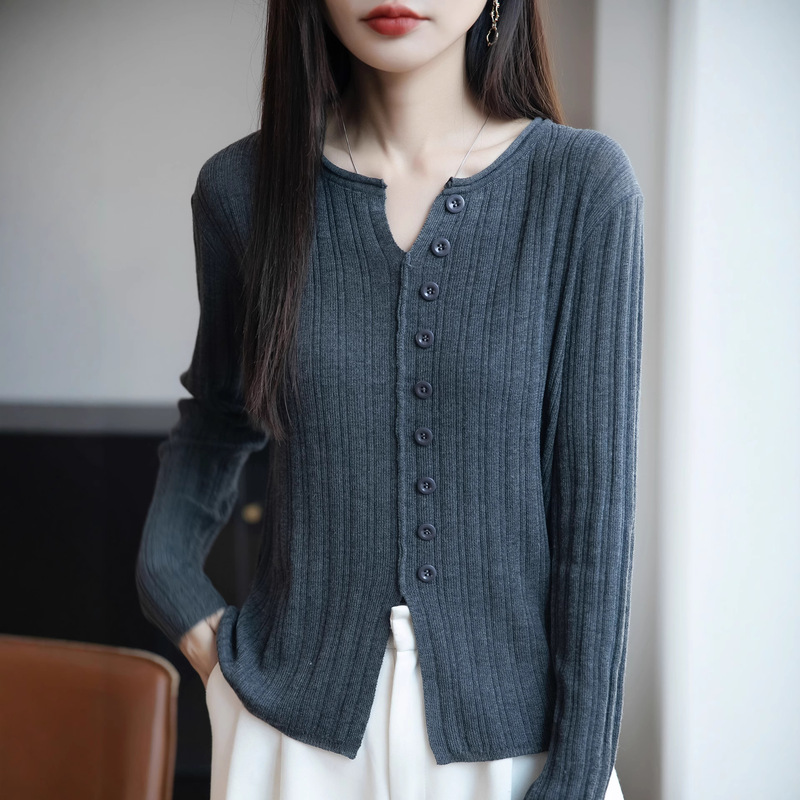 Cross-Border 2025 New Autum V Neck Knitwear Long-Sleeved Rolled Edge Pure Color Striped Button Loose Cardigan Top for Women