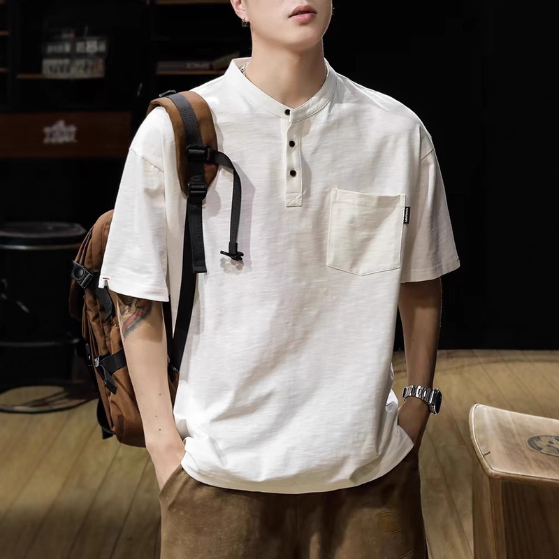 Vintage Short-sleeved Shirt Men's Summer Slub Cotton Loose Collar Khaki Tooling T-shirt JS