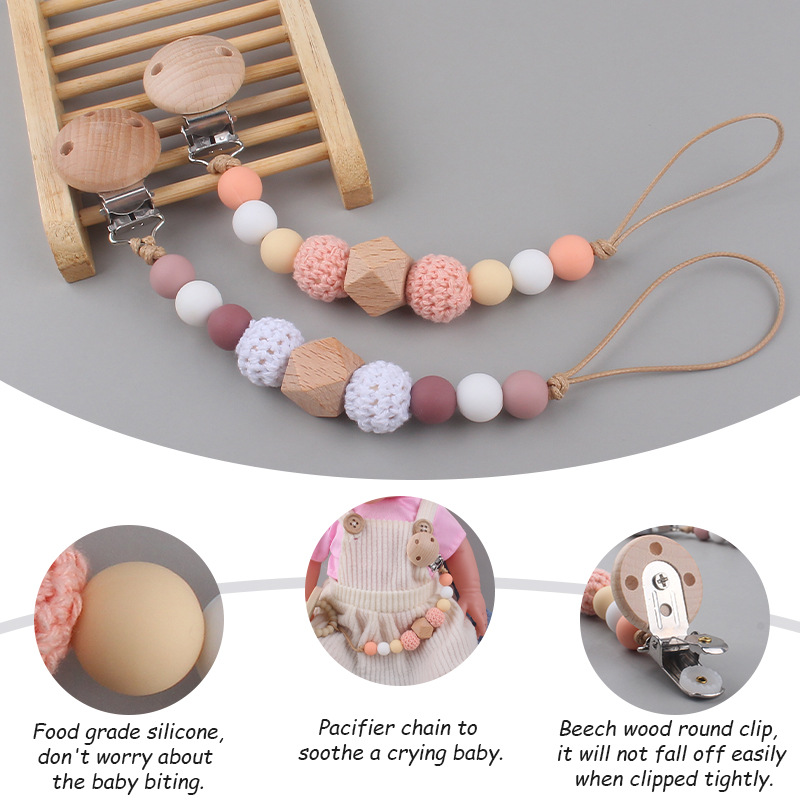 Nuevo bebé calmante Beech clip chupete cadena bebé creativo madera octogonal mordedura silicona molar anti-gota cadena