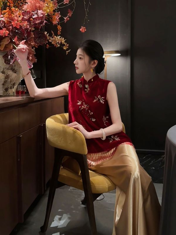 秋季新中式国风套装女红色刺绣流苏高端马甲时尚气质半身裙 N9024|undefined