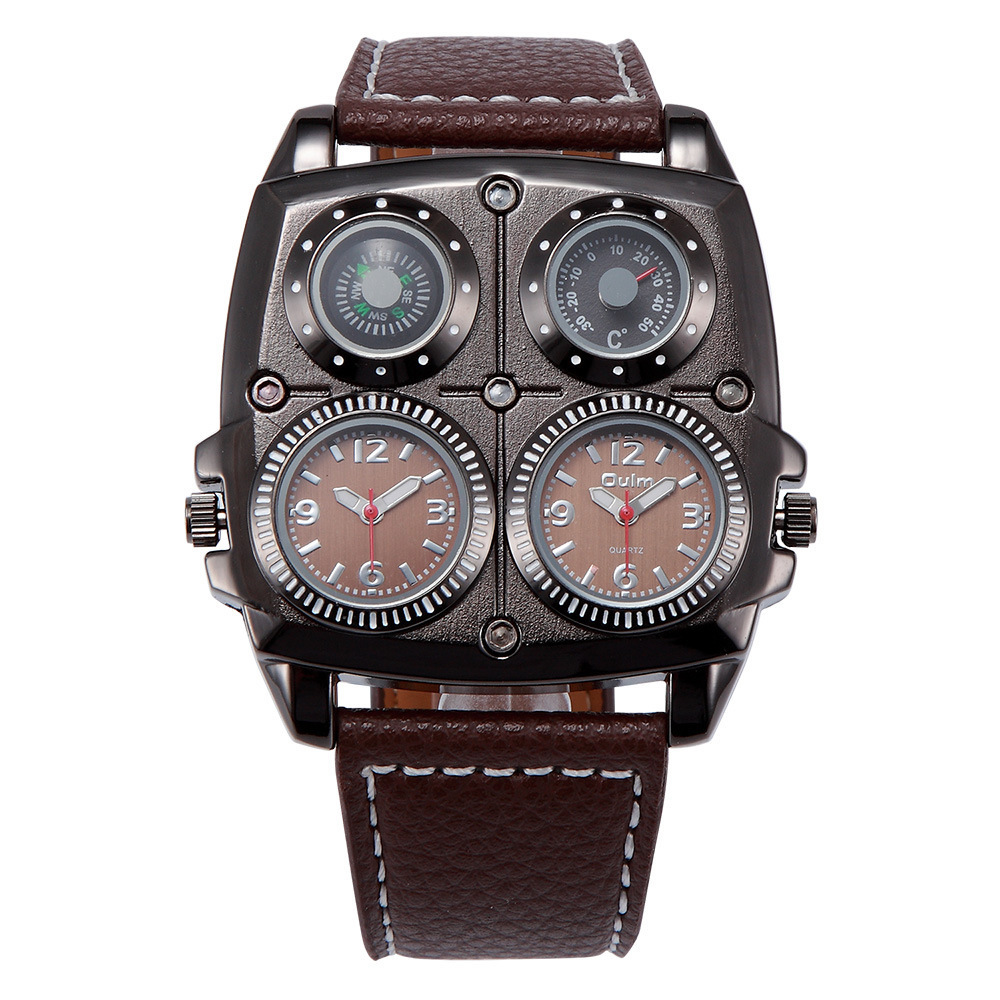 Oulm gran dial de moda casual reloj de los hombres gran dial doble zona horaria brújula decoración de los hombres reloj de cuarzo 1140 image 9