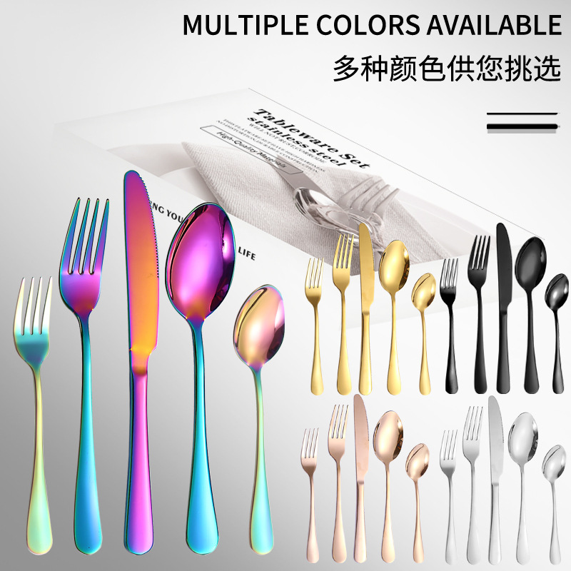 Amazon Venta caliente vajilla de acero inoxidable 20/40/60 unidades conjunto 1010 serie 5 piezas principales caja simple cuchillo, tenedor y cuchara traje