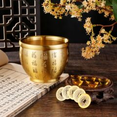 [Five Emperors Coin Gift] Brass "Hundred Blessings" Jar, Treasure-Collecting Basin, Golden Bowl, Ashtray, Tea & Wine Cups – Desk, Living Room, and Home Decorative Ornaments