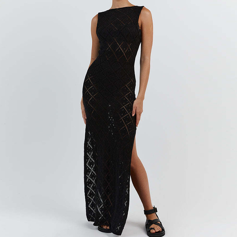 Vacaciones europeas y americanas transfronterizas, delgado, perspectiva sexy, cuello redondo, correa de moda, apertura lateral, falda de protección solar de vacaciones de playa