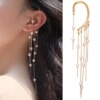 Ear clips from pearl with tassels, long earrings, bright catchy style, no pierced ears