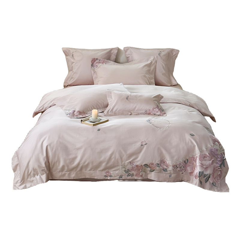 Flor de alta gama bordado de algodón de fibra larga juego de cuatro piezas algodón ligero lujo niña corazón funda edredón ropa de cama de algodón