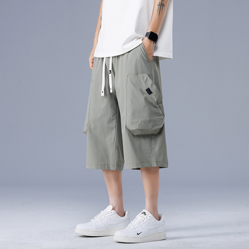 Summer Workwear Men's Cropped Pants, Thin and Breathable, Large Size Sports Beach Shorts, Loose-Fitting Wide-Leg Pants for Men