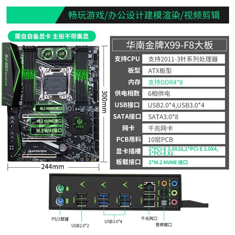 Материнская плата E-ATX South China Gold Medal X99-F8, LGA2011-3, DDR4×8, 2×M.2 NVMe