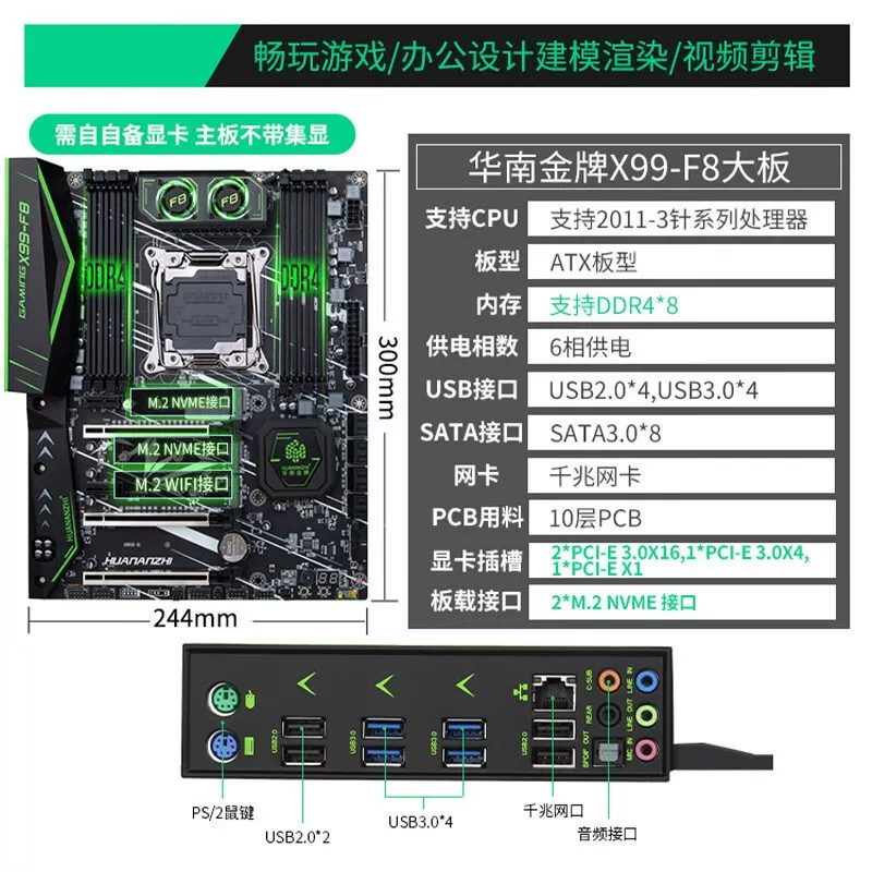 Материнская плата E-ATX South China Gold Medal X99-F8, LGA2011-3, DDR4×8, 2×M.2 NVMe