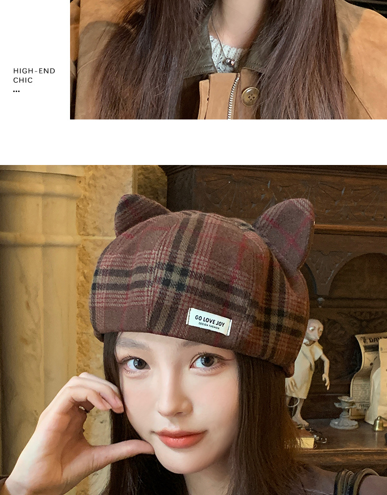 Britisches kariertes Barett, Herbst/Winter, Damen, Katzenohren, niedlich, achteckig, modisch, vielseitig, Malerhut_voghion.com