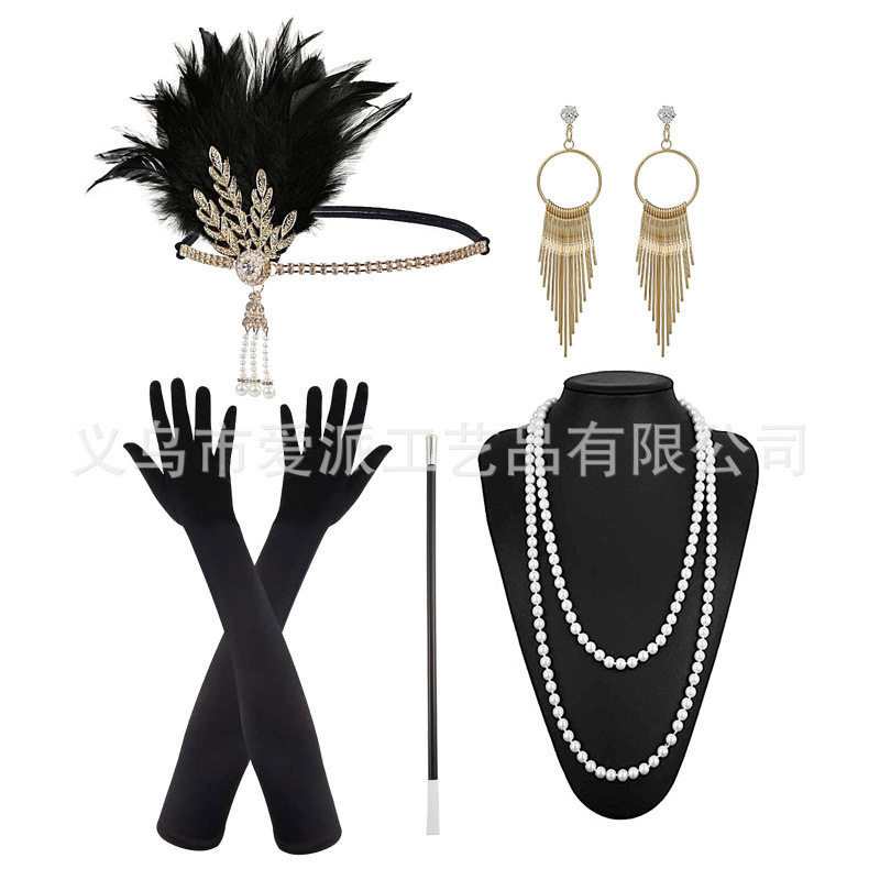 1920S Flapper Girl Dress Halloween Costume Gloves Cigarette Holder Necklace Headband Headband Set