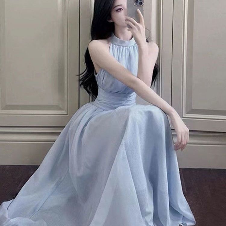 French Blue Neck Sling dress Women's Summer 2025 New Arrival Seaside Holiday Fairy Dress
