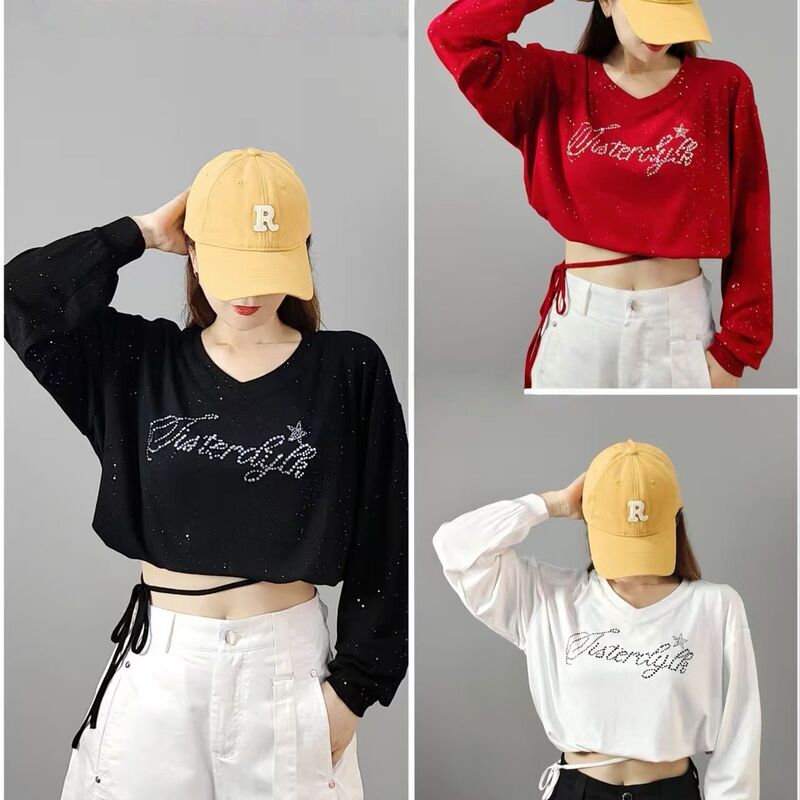 Autumn New Fashion Rhinestone Street Dance Jazz Square Dance High-Elastic Drawstring Street Dance Gold-Spattered Long-Sleeve Top Autumn New Fashion Rhinestone Street Dance Jazz Square Dance High-Elastic Drawstring Street Dance Gold-Spattered Long-Sleeve Top