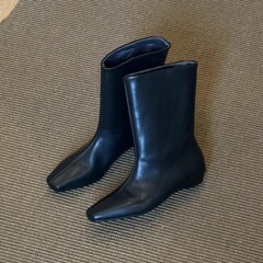 现货版~复古方头简约气质宽筒小短靴显瘦坡跟切尔西靴女骑士靴子