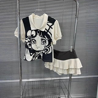 日系复古短袖t恤女夏漫画少女polo领修身显瘦上衣百褶裙针织套装