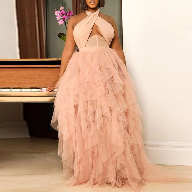 Elegant V-Neck Mesh Ball Gown Corset Lace-Up Bustier Flared Tulle Skirt for Prom Party Wedding Pink Black S-XXL_ecoleips.com