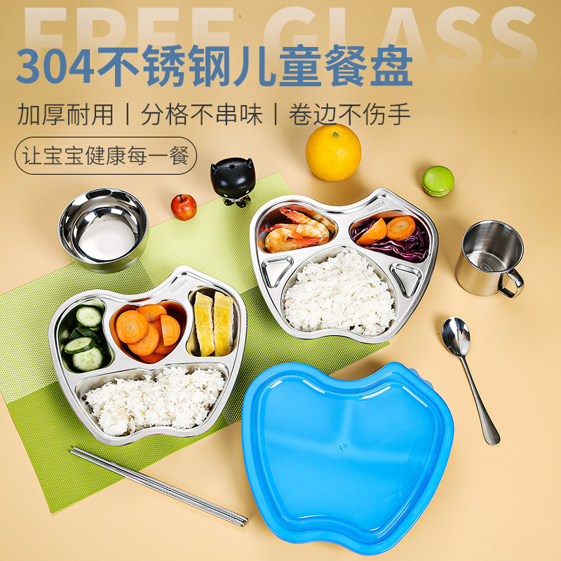 304 Stainless Steel Kindergarten Cartoon Dinner Plate Apple Dinner Plate Children's Tableware Set Students Fast Food Plate Bowl Cup Spoon