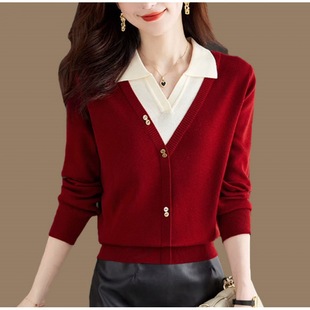 Lapel Fake Two-Piece Knitwear for Women 2025 Autum New Style Loose Slimming Look Thin Knitwear Elegant Top